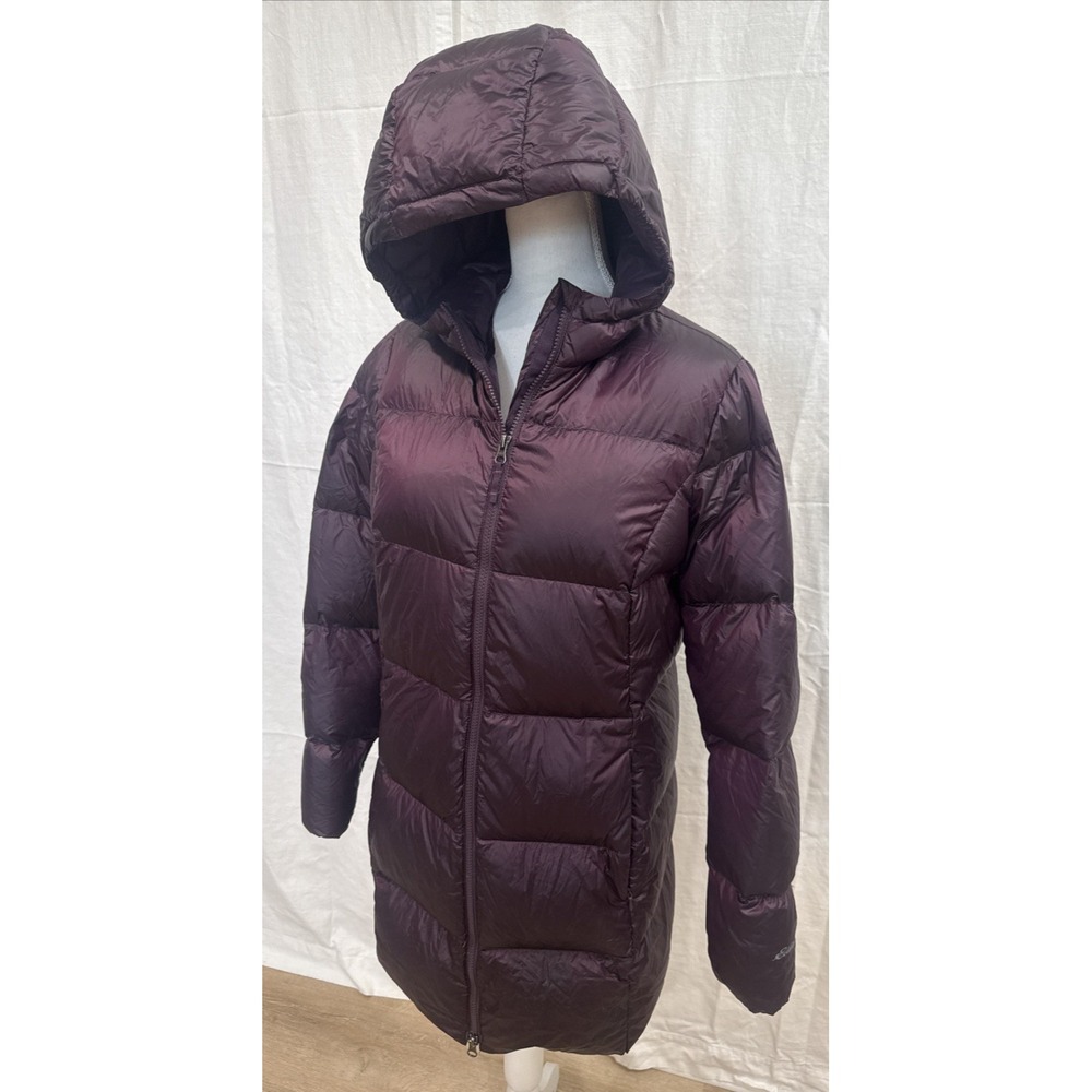 Eddie Bauer EB550 Puffer Parka Goose Down Womens Large Purple Long Zip Up Spot